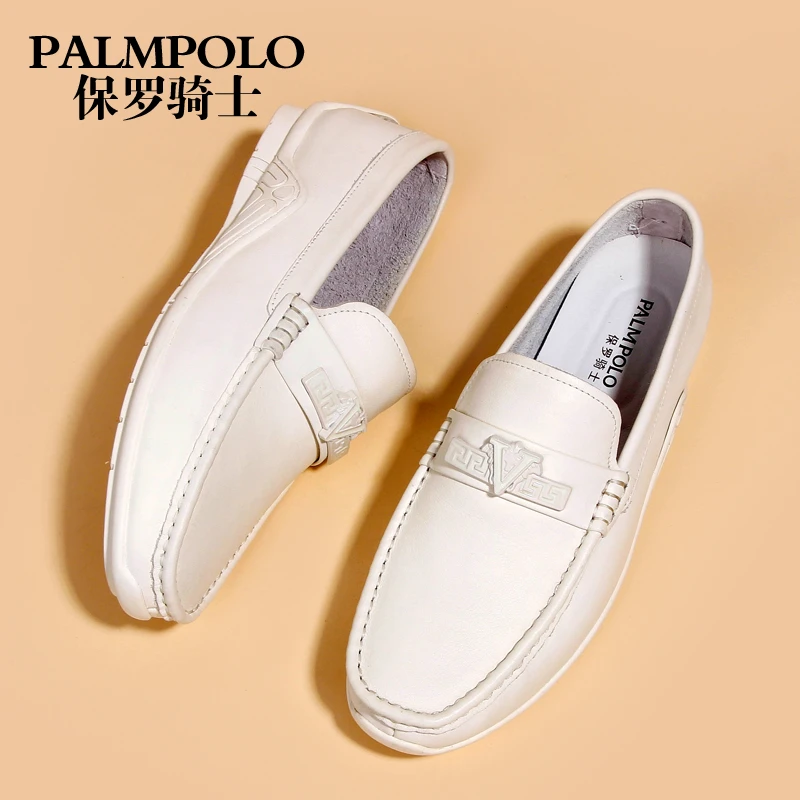 保罗骑士男鞋2025新款真皮软底豆豆鞋男士一脚蹬休闲鞋白色乐福鞋