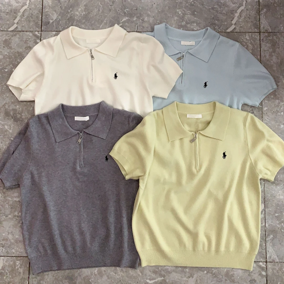 S1365战马糖果色设计感T领短袖女宽松显瘦半拉链休闲针织衫上衣