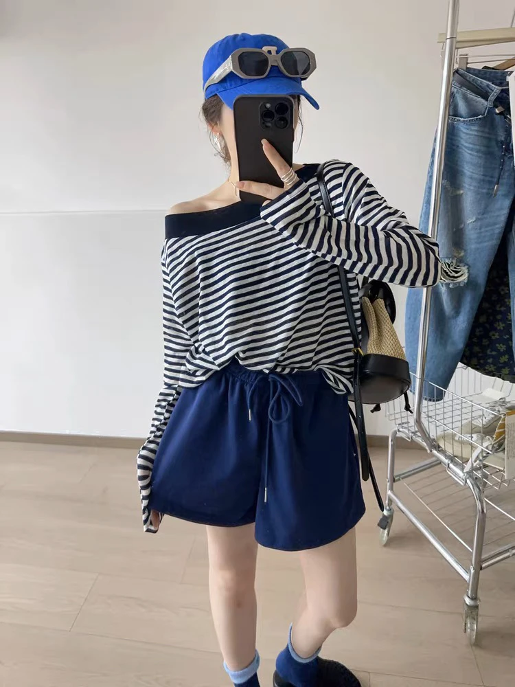 条纹夏新款韩版一字肩设计感长袖条纹T恤纯欲防晒上衣女