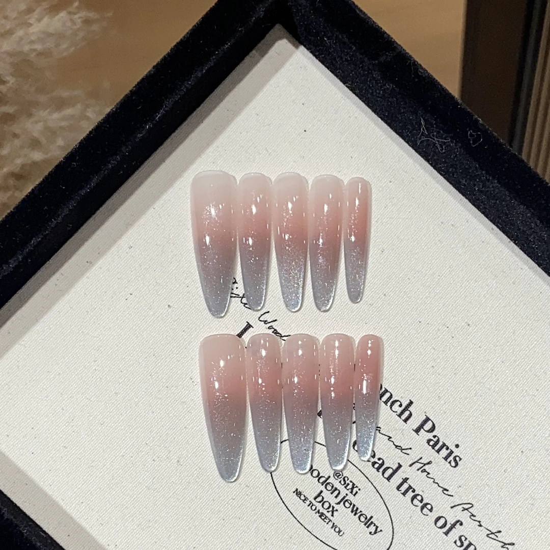 【滴泪】纯欲日常冰透粉渐变蓝侧光猫眼高级感纯手工穿戴美甲贴片