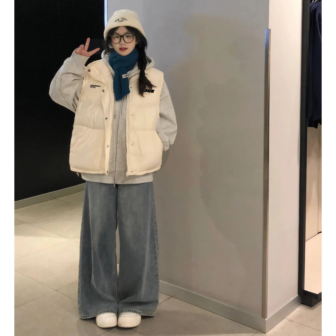 美式潮牌个性字母印花立领马甲外套男女冬季休闲情侣加厚款面包服