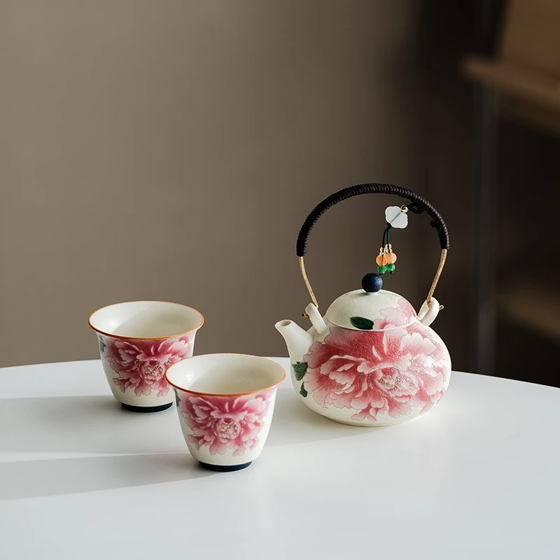 牡丹花青花岩矿白提梁壶功夫茶具茶杯家用复古陶瓷
