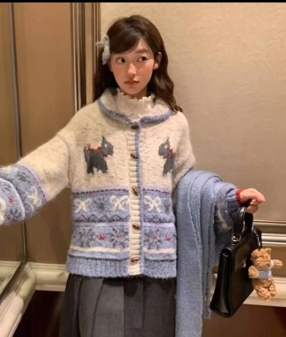 复古费尔岛毛衣外套春秋厚款设计慵懒宽松加厚针织新款开衫上衣