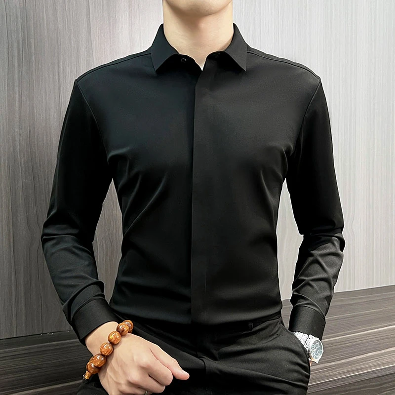 高级感无痕弹力衬衫男款爆款2025新款春秋商务正装时尚暗扣衬衣