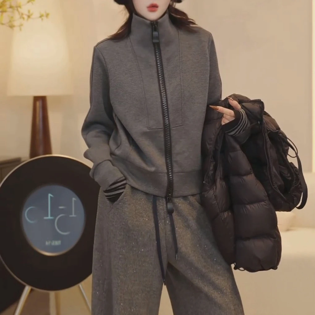 立领定制双头拉链设计加绒外套女2025新款秋季百搭休闲长袖上衣