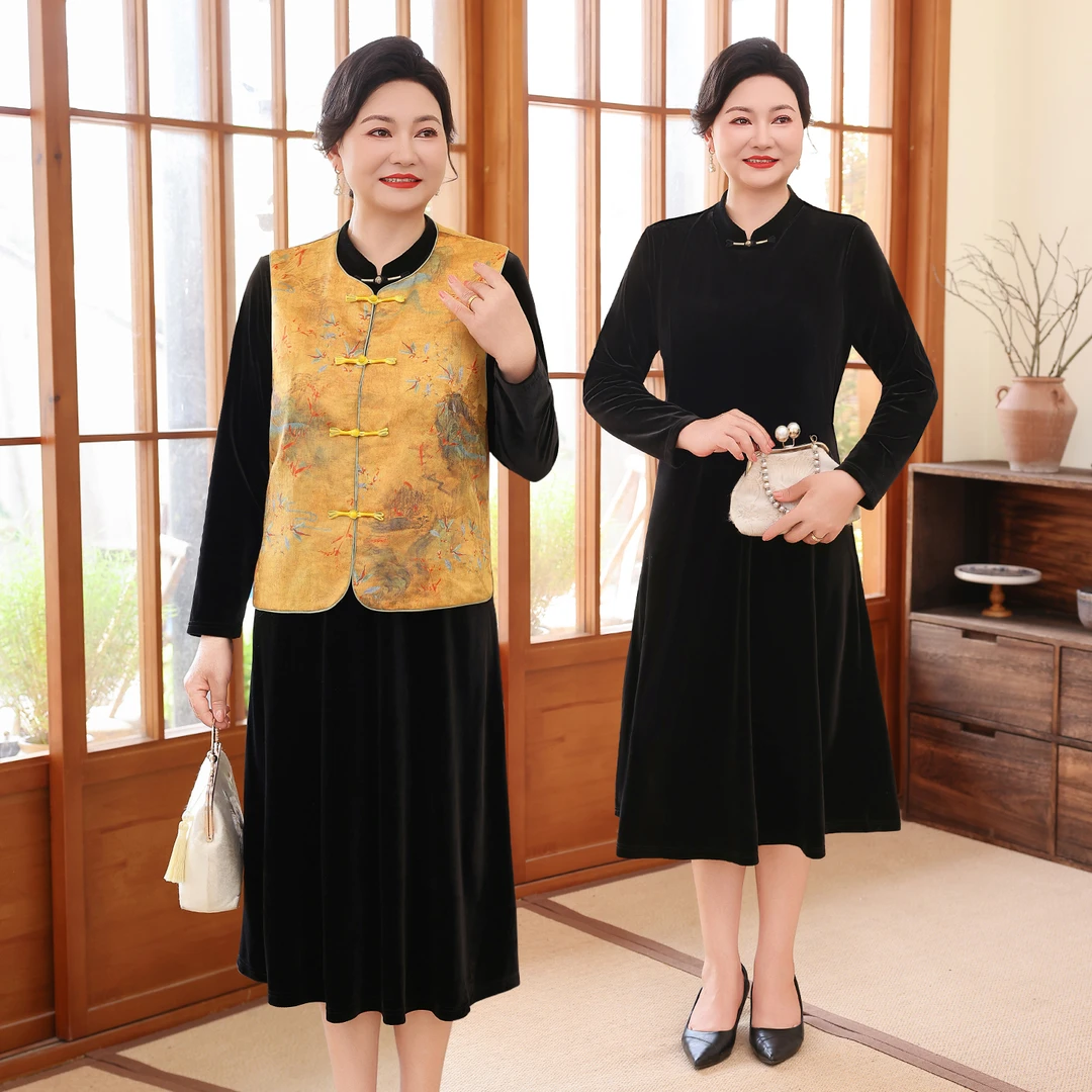 新中式国风复古气质马甲上衣开衫中老年女装坎肩外搭马夹裙子套装