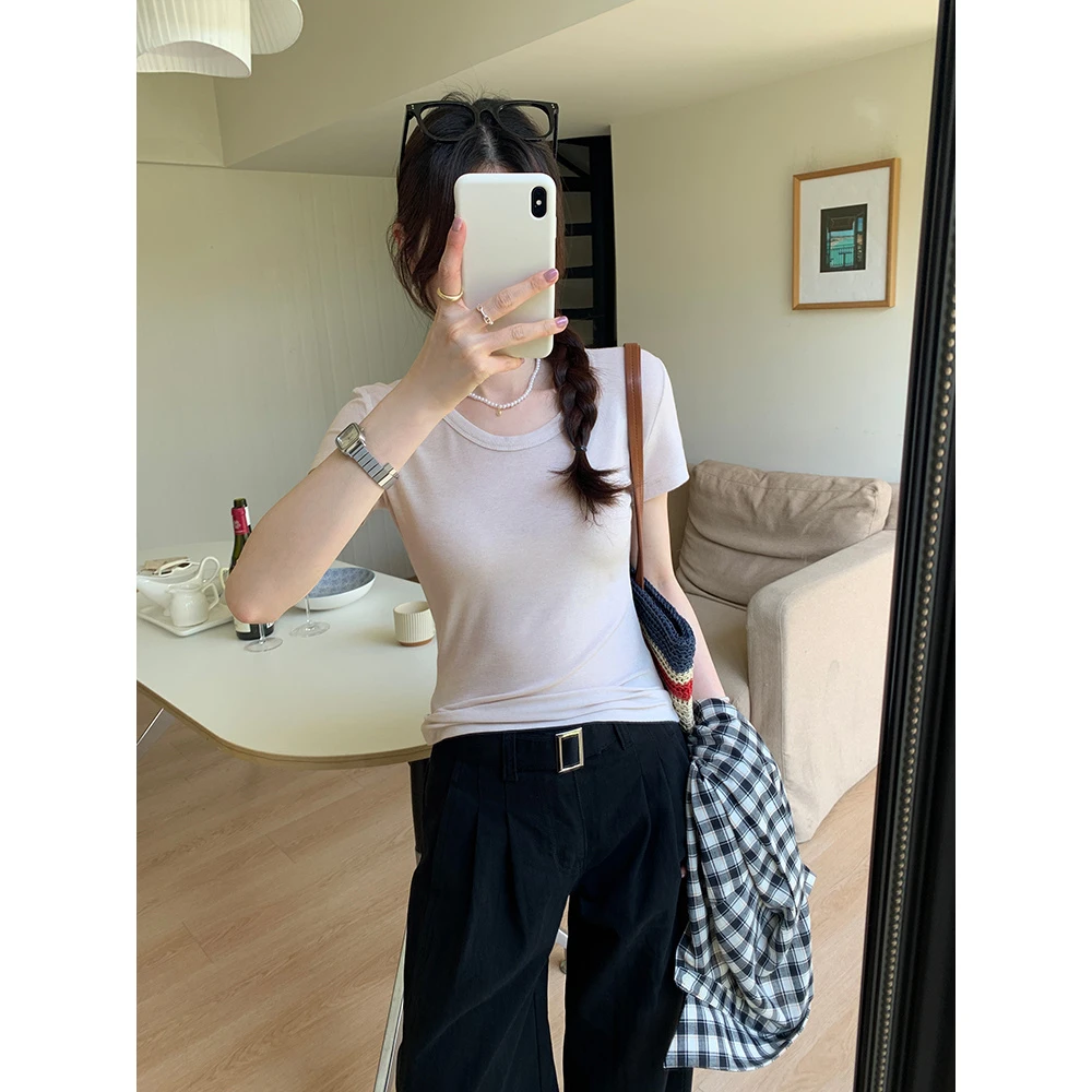 品牌折扣达人自拍莱赛尔天丝羊毛灰色圆领正肩短袖T恤女2025夏新