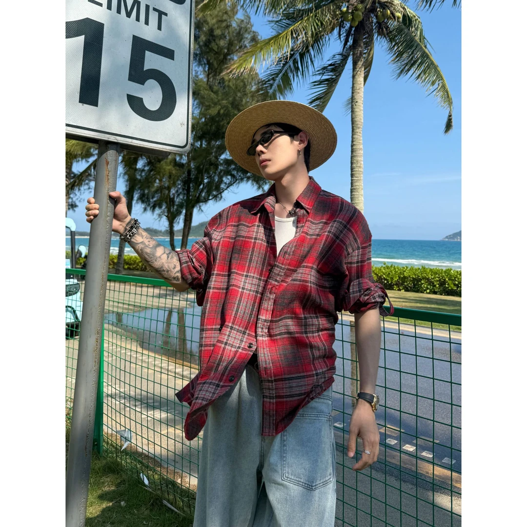 DBW Doublewin多穿法 薄款双门襟格子防晒衬衫男夏季衬衣外套1140