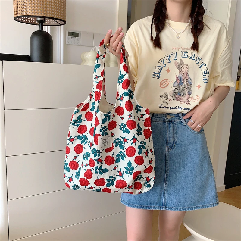ins碎花高级感帆布包袋小清新大容量背心包逛街购物袋