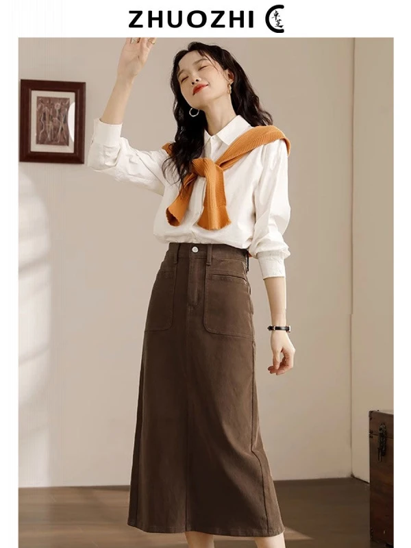 复古百搭半身裙女秋冬款大码梨形身材高腰显瘦A字中长款直筒裙子