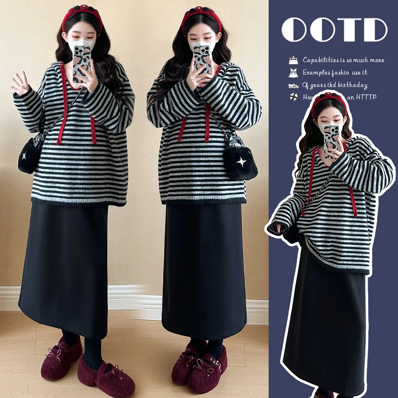 韩版冬季经典条纹加厚宽松连帽套头上衣+托腹半身裙孕妇两件套