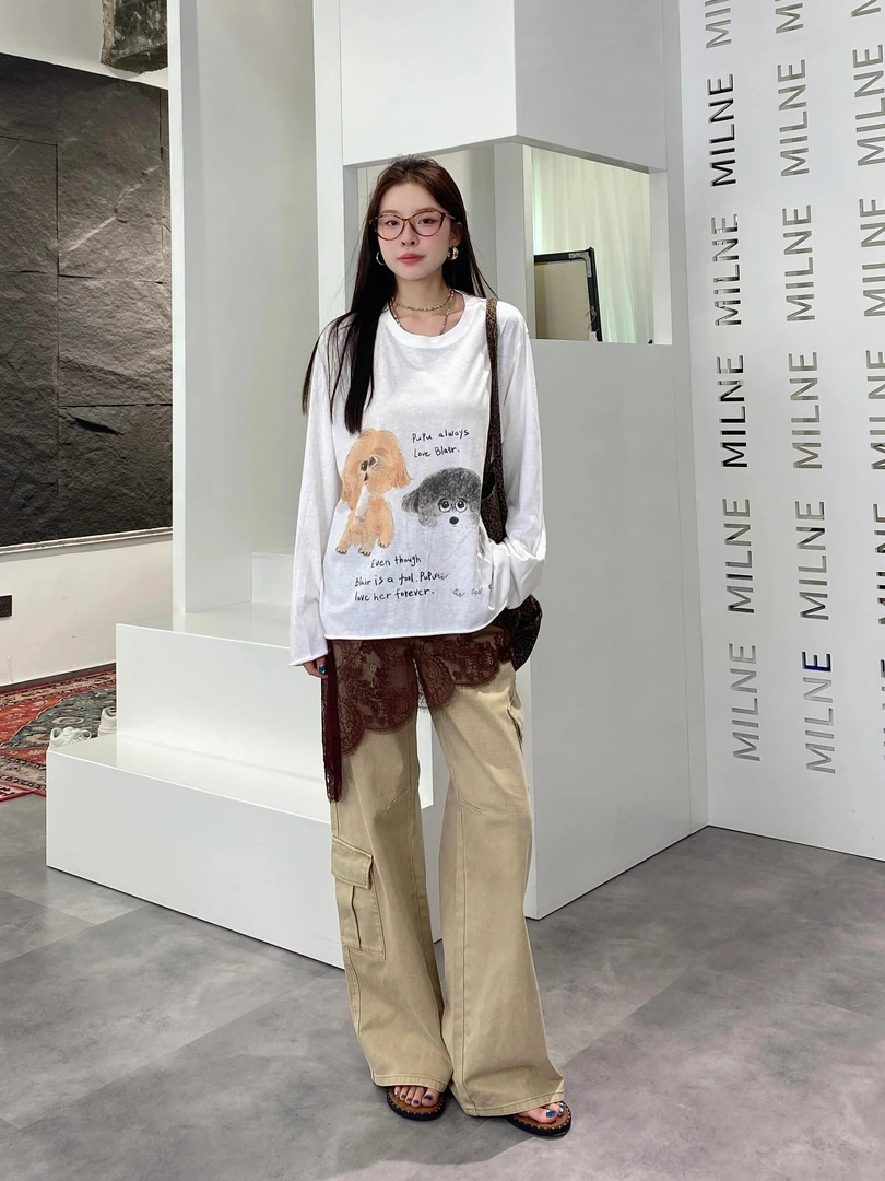 亲妈~2025秋季新款复古巴恩风工装休闲不对称蕾丝拼接牛仔裤女