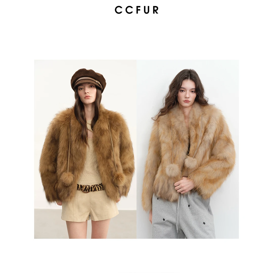 CC皮草 进口貉子毛腹毛椰奶球小V领皮草外套 生椰拿铁R593