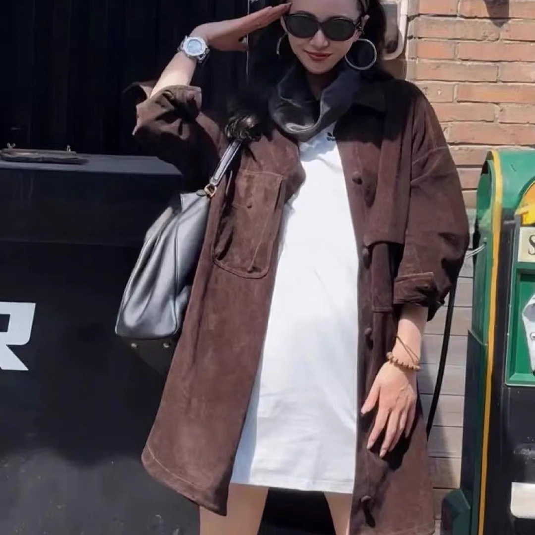 海宁2025春秋新款爆款牛皮皮衣外套女高级感真皮网红款中长款进口