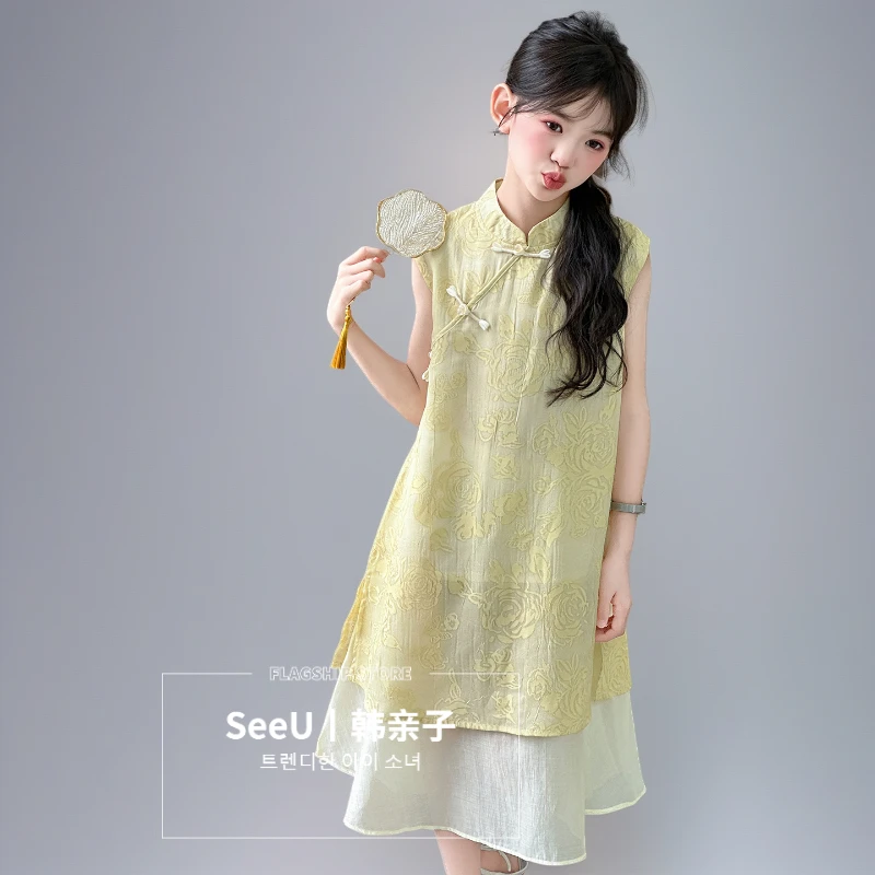 女童夏季旗袍中国风无袖连衣裙中大童新中式洋气儿童童装夏装裙子