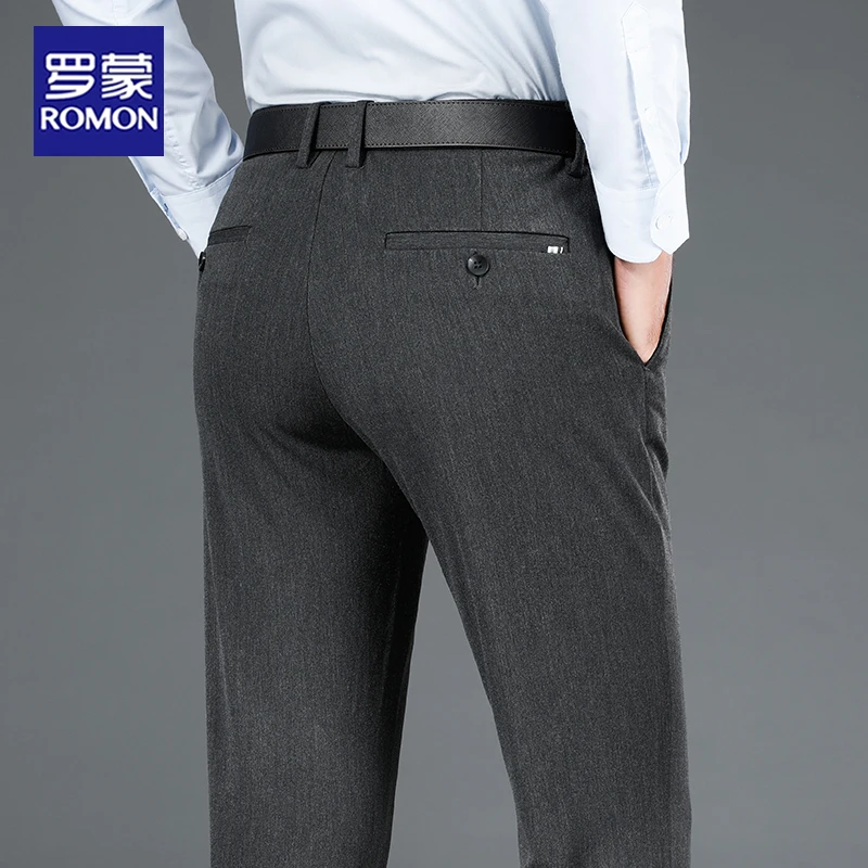 罗蒙品牌商务休闲裤男士宽松直筒秋冬季新款黑灰色中年免烫西装裤
