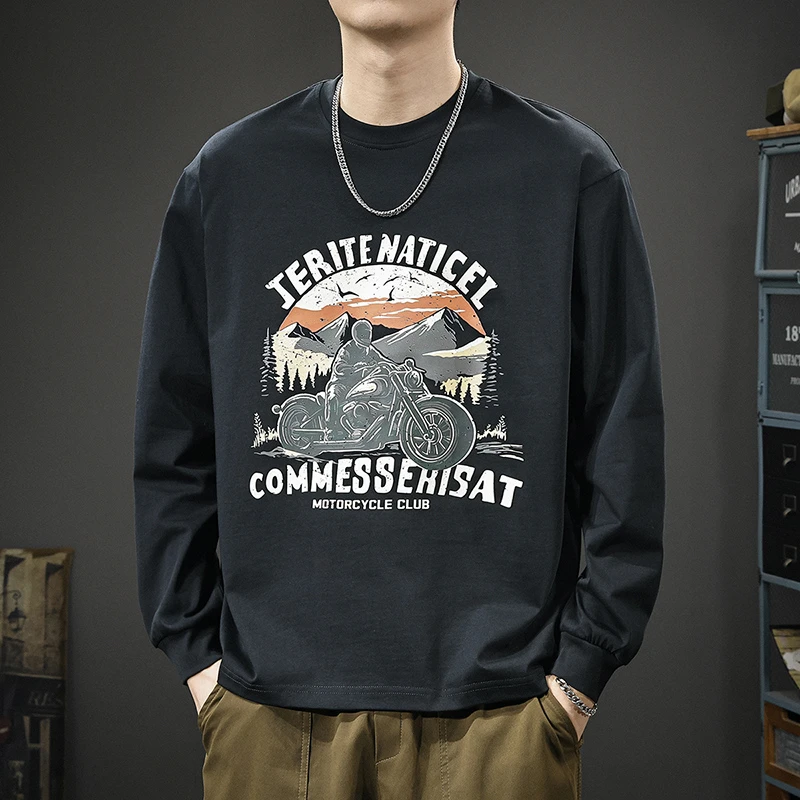 卡因耶查美式复古重磅长袖T恤男士秋冬季潮牌休闲印花卫衣打底衫