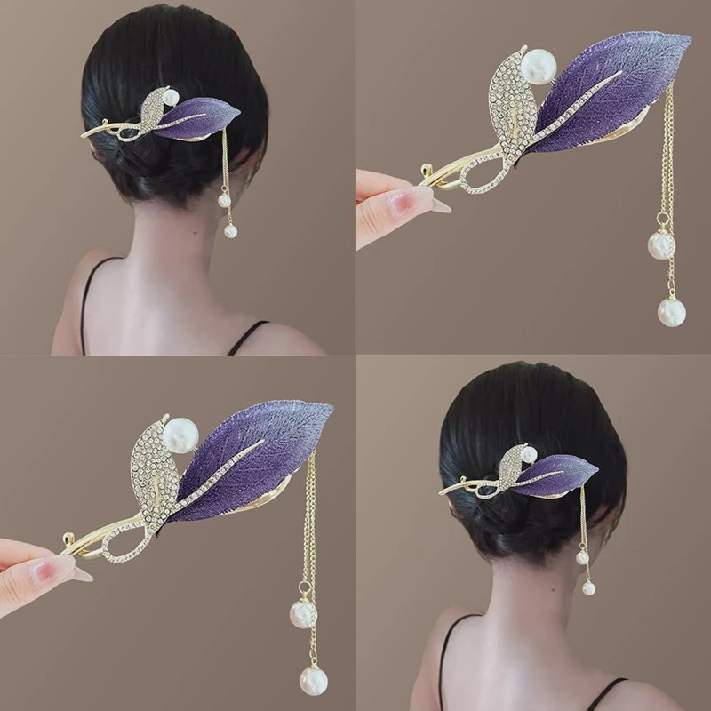 紫色韵味！刺绣树叶抓夹！高级感后脑勺珍珠流苏扭扭夹盘发头饰女