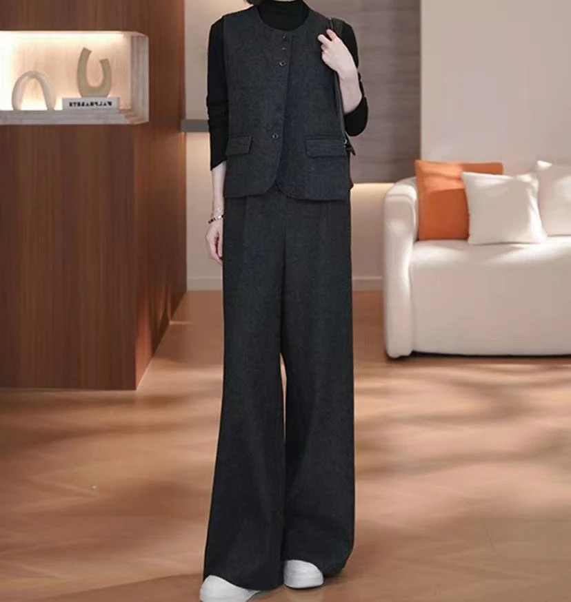 【运补】时尚套装女秋季新款洋气显瘦西装马甲打底衫阔腿裤三件套
