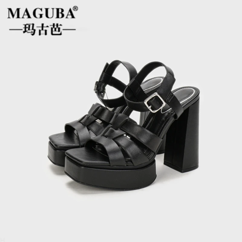 MAGUBA/玛古芭复古摩登罗马鞋女士显腿长超高跟经典黑色时尚气质
