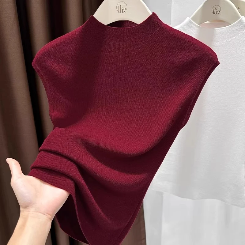 芊芊芙气质半高领小飞袖t恤女薄款针织衫夏红色无袖坎肩背心上衣