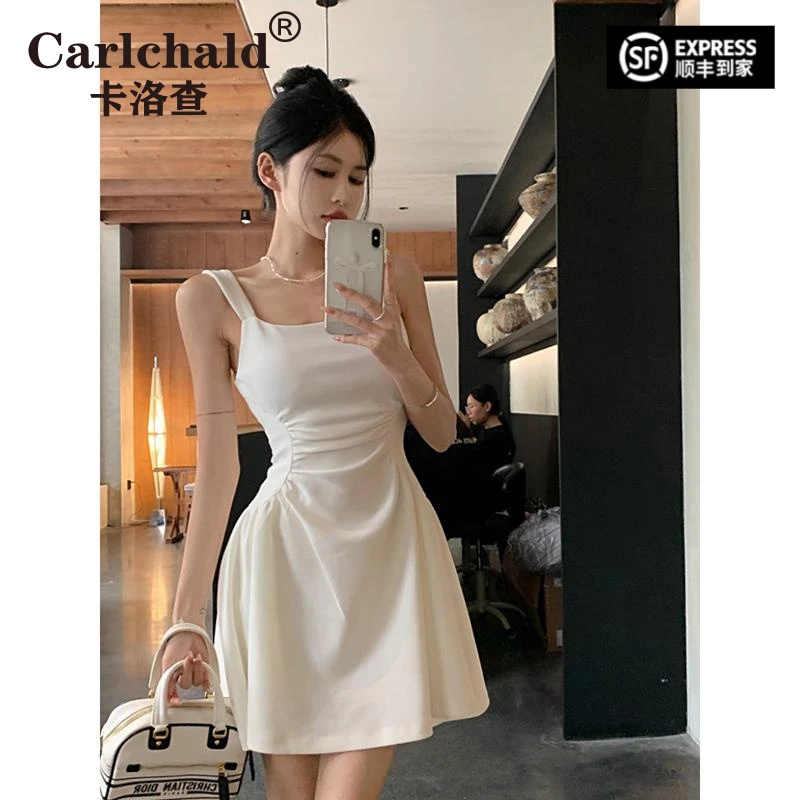 卡洛查白色吊带连衣裙子女法式小众纯欲小个子时尚收腰夏季小白裙