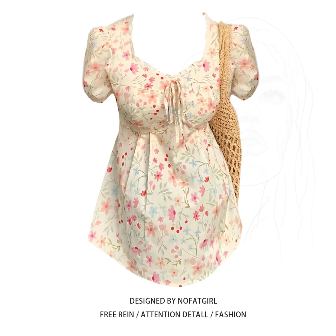 大码胖MM法式甜美碎花泡泡袖衬衫女夏季新款修身显瘦独特绝美上衣