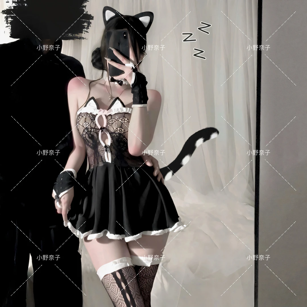 【小野奈子】俏皮兔女郎猫猫性感猫女套装镂空黑色床上女仆衣服jk