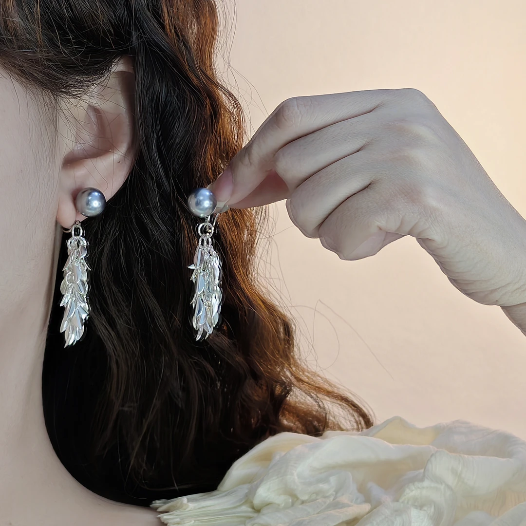 合金耳饰合金耳饰银灰色树叶高颜值流苏耳环高级耳饰蚊香盘耳夹