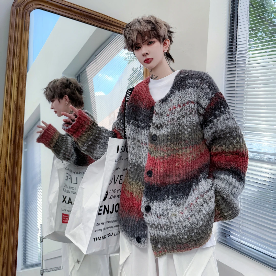 FMQZ STUDIO复古渐变色针织开衫男秋冬季撞色两面穿毛