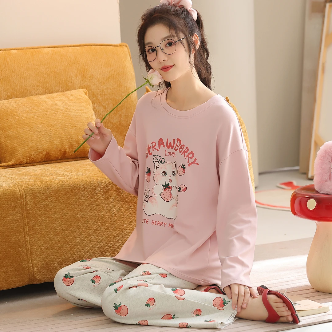 卡之恋睡衣女春秋季新款长袖纯棉草莓猫咪洋气可外穿居服