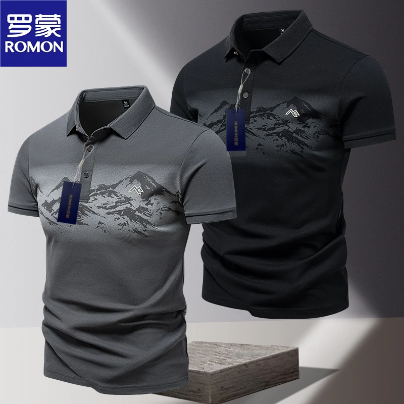 Romon/罗蒙时尚晕染渐变翻领POLO衫新款男士夏季商务短袖T恤上衣