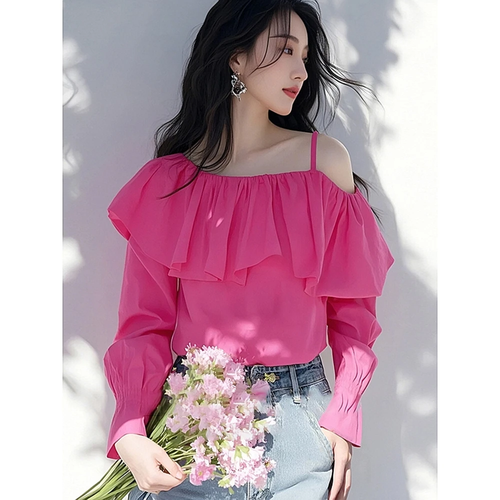 今年流行漂亮独特绝美小上衣时髦小姨风穿搭玫红色荷叶边露肩衬衫