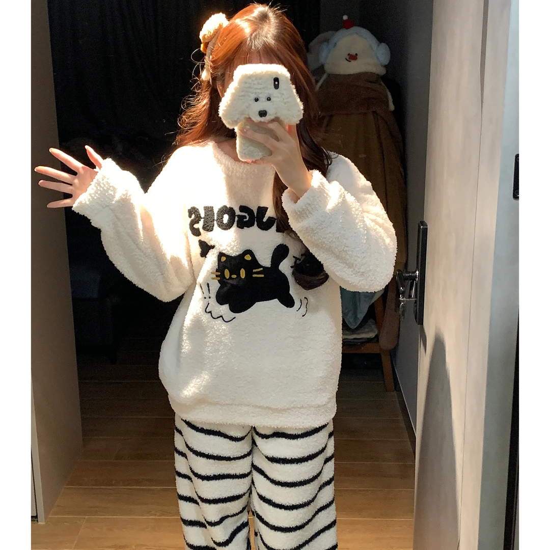 珊瑚绒睡衣女春秋冬季半边绒软绵绵大码加厚保暖小黑猫套装家居服