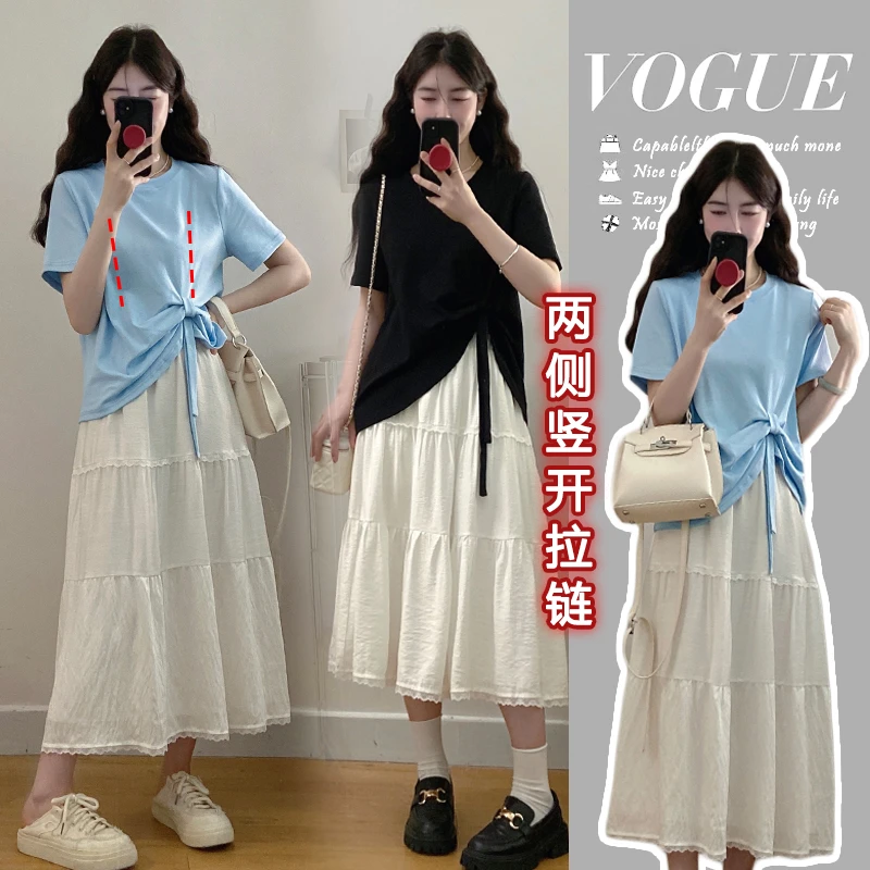 夏季辣妈外出哺乳套装大码蛋糕裙子+蝴蝶结宽松T恤产后喂奶两件套