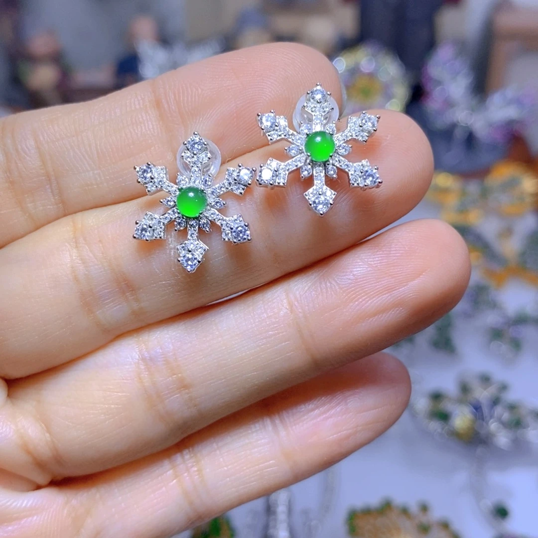 翡翠耳钉银S925镶嵌天然翡翠