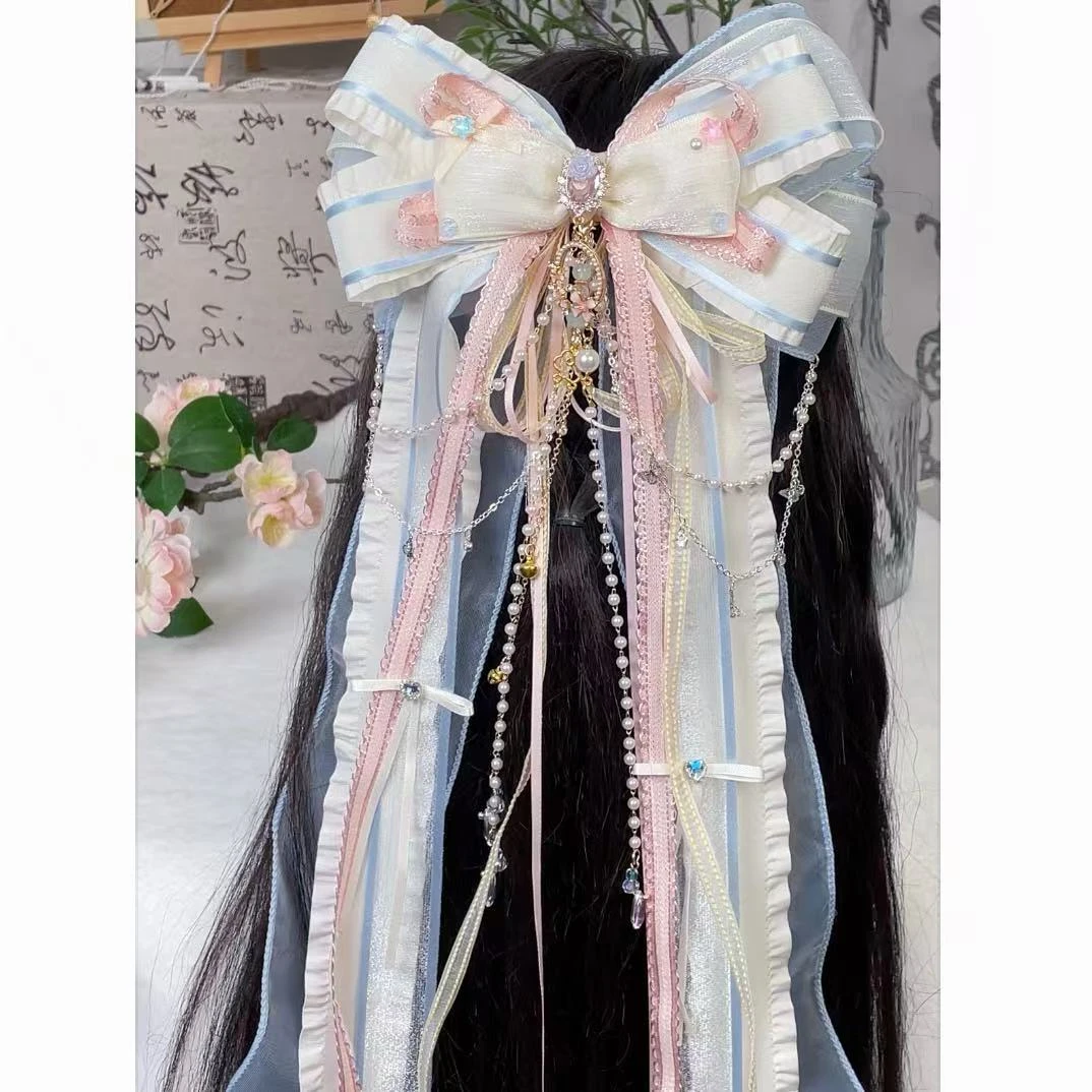 《爱神之约》-洛丽塔蝴蝶结发饰气质多层长飘弹夹百搭头饰发夹