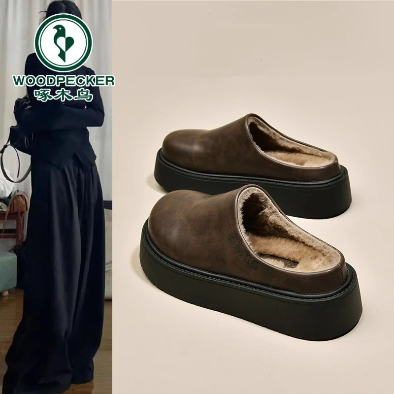 啄木鸟厚底加绒勃肯鞋女包头半拖鞋2025年秋冬一脚蹬乐福毛毛棉拖