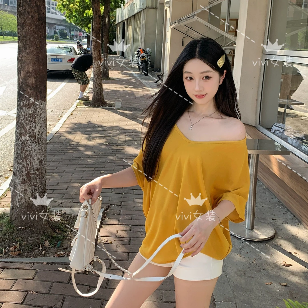 运补6-8 纯欲慵懒风宽松蝙蝠袖V领斜肩短袖辣妹 微透凉感薄款罩衫