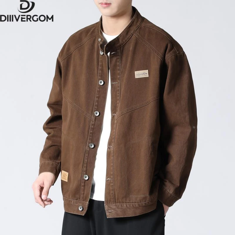 DIIIVERGOM轻奢痞帅欧美高奢无领牛仔外套男士纯棉商务休闲慵懒风