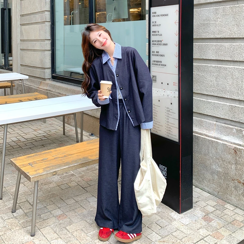 韩系通勤风假两件上衣阔腿裤2025春秋新款气质显瘦休闲炸街两件套