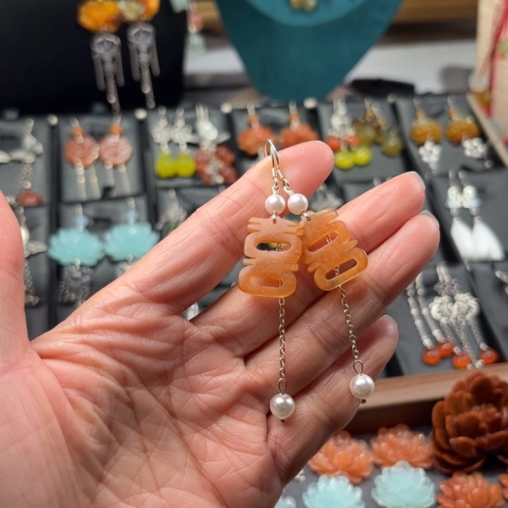 蛇纹石玉耳饰银S925镶嵌