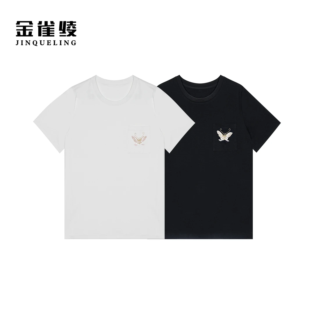 金雀绫【小粉蝶】时尚刺绣舒适圆领大码女装小衫SZA1S183