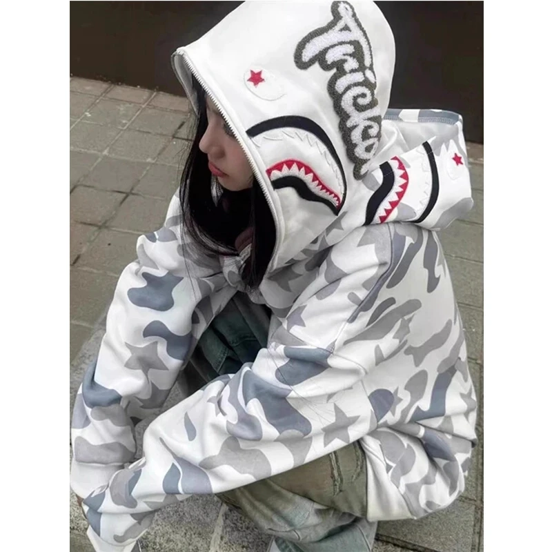 鲨鱼头双帽设计卫衣男款春季美式高街cleanfit情侣休闲开衫外套潮