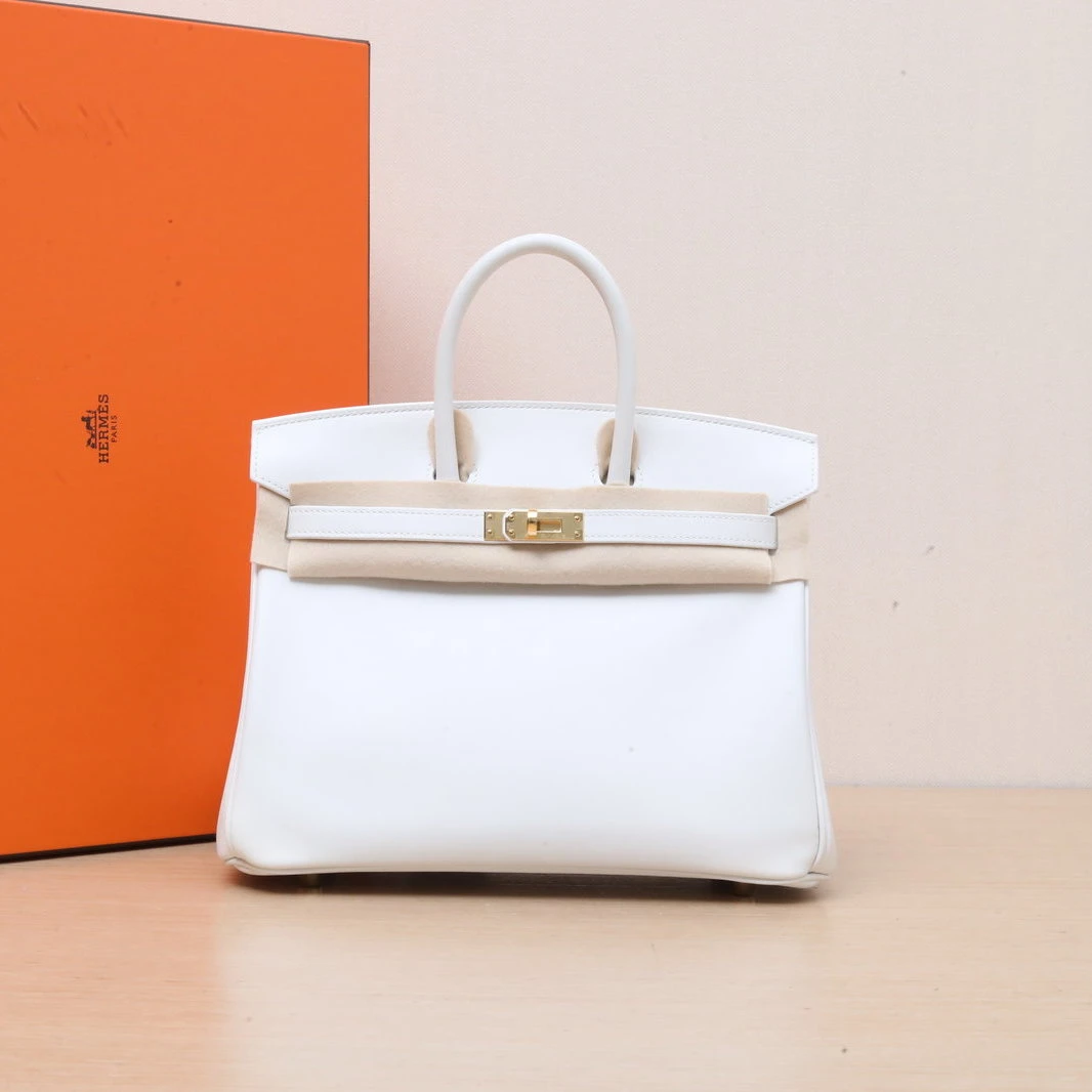 99新 Hermes/爱马仕 小花6欢 Birkin 25 新白色 Sw皮 W刻 金扣包