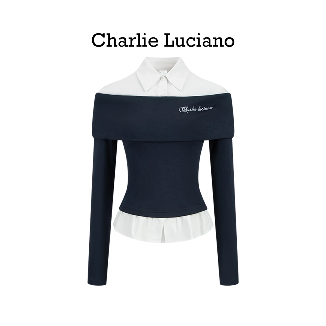 Charlie Luciano修身型设计师女时尚交叉下摆一字肩拼接衬衫针织