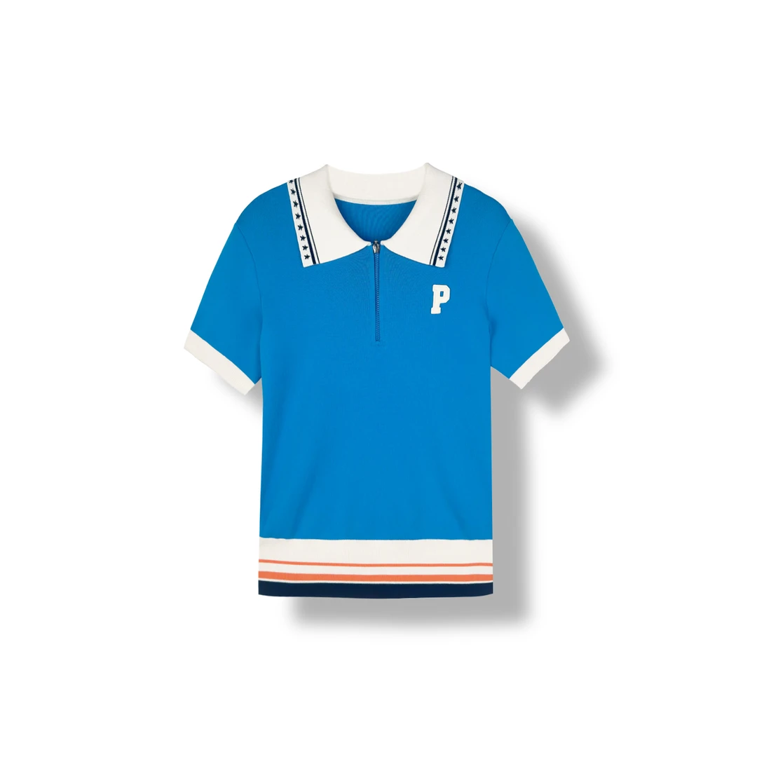 *蓝色polo撞色配短T恤带P字母（24S0830）
