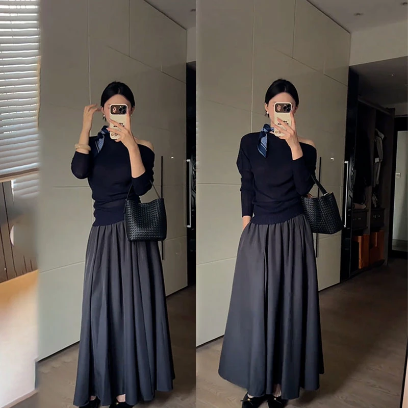 2025秋季新款设计感时尚百搭韩版长袖修身上衣女显瘦半身裙两件套