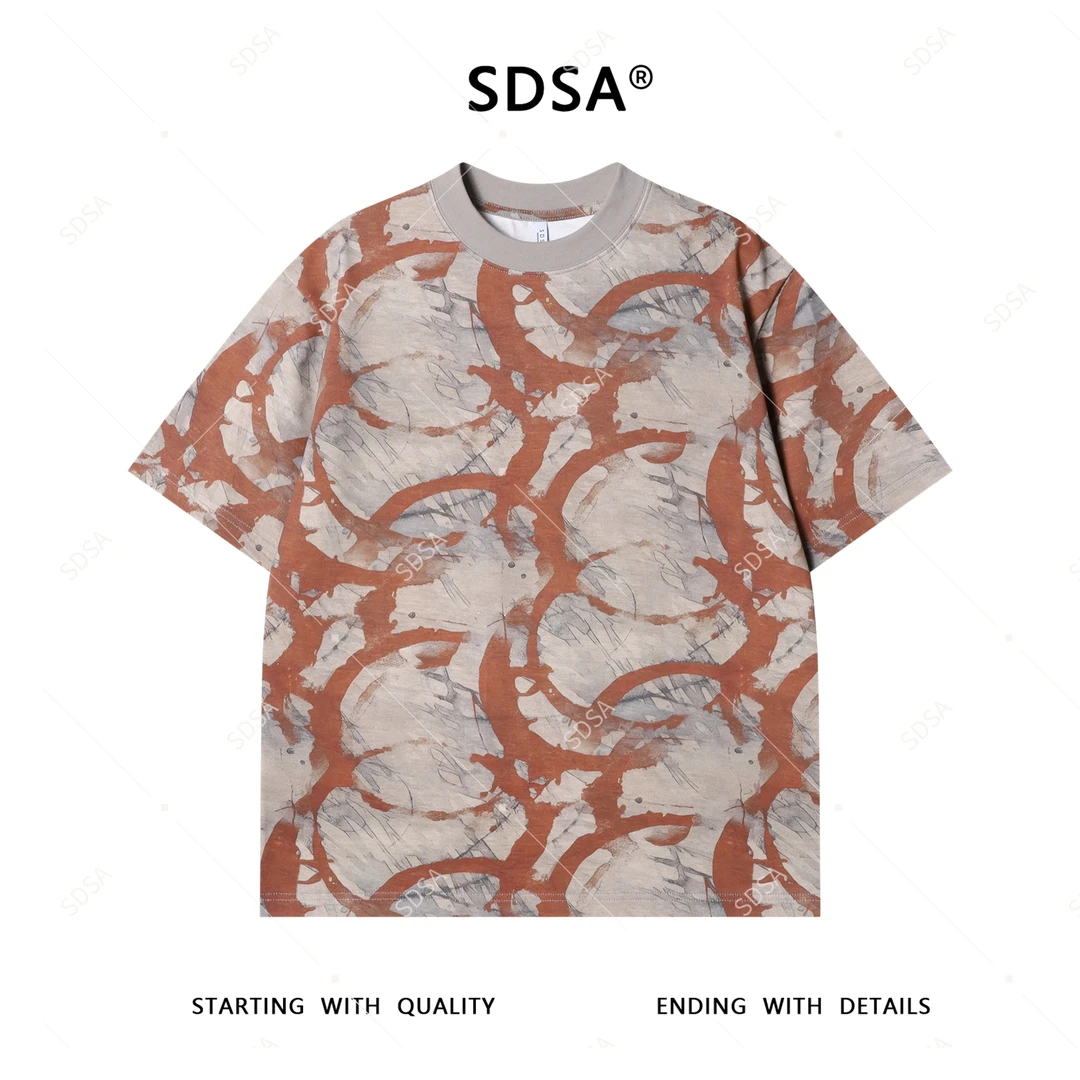 夏季高级感新款男士简约水墨撞色设计短袖T恤复古休闲圆领上衣