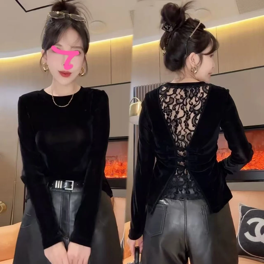 2025秋季新款【酷黑雅调】欧货高端蕾丝拼丝绒上衣3039